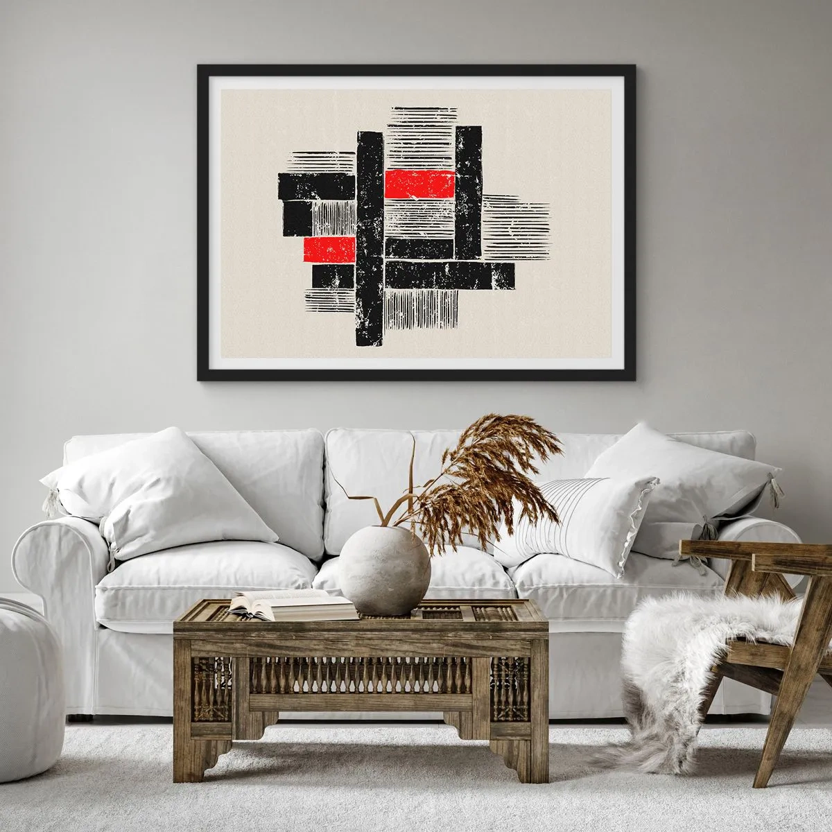 Affiche dans un cadre noir - Poster - Composition géométrique abstraite en noir et rouge - 70x50cm - En rouge et noir - Décoration murale moderne pour le salon et la chambre ARTTOR