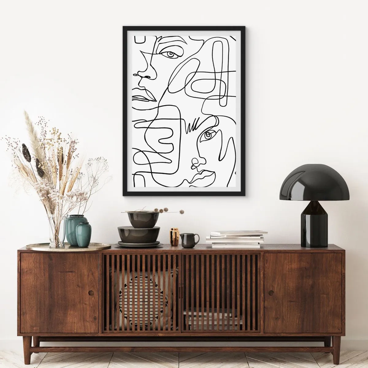 Affiche dans un cadre noir - Poster - Visages abstraits dessinés avec une seule ligne - 50x70cm - Dans des émotions enchevêtrées - Décoration murale moderne pour le salon et la chambre ARTTOR