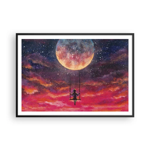 Affiche dans un cadre noir - Poster - Une silhouette sur une balançoire suspendue contre la lune - 100x70cm - Se balancer dans les nuages - Décoration murale moderne pour le salon et la chambre ARTTOR