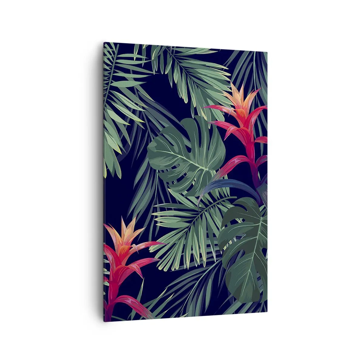 Impression sur toile - Image sur toile - Feuilles et fleurs tropicales sur fond sombre - 80x120cm - immergé dans la nature - Décoration murale moderne pour le salon et la chambre ARTTOR