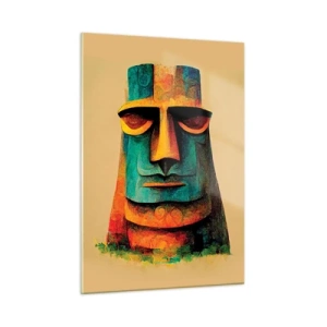 Impression sur verre - Image sur verre - Un portrait coloré inspiré d'une statue de pierre sur fond beige. - 50x70cm - Statuesque et sympathique - Décoration murale moderne pour le salon et la chambre ARTTOR