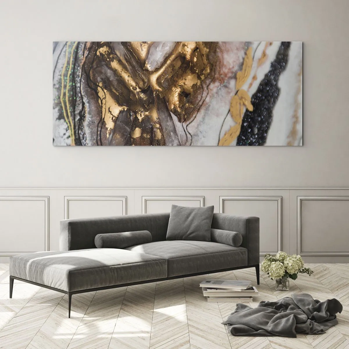 Impression sur verre - Image sur verre - Composition abstraite avec des éléments d'or et de cristaux - 120x50cm - Élément de la terre - Décoration murale moderne pour le salon et la chambre ARTTOR