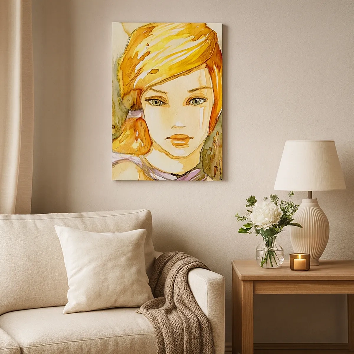 Impression sur toile - Image sur toile - Portrait d'une femme aux couleurs aquarelles au regard intense - 50x70cm - Un regard émeraude qui calme la colère - Décoration murale moderne pour le salon et la chambre ARTTOR