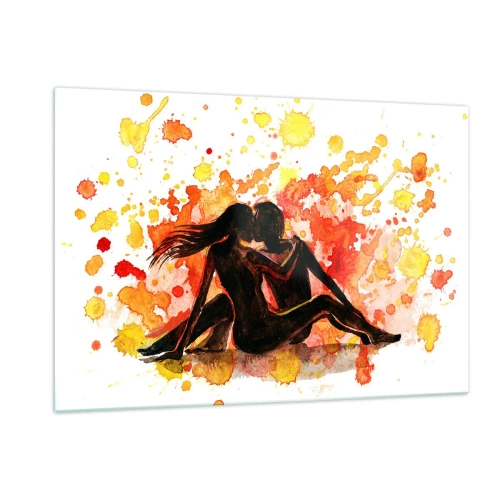 Impression sur verre - Image sur verre - Silhouette d'un couple sur un fond de taches d'aquarelle colorées - 120x80cm - Et la lumière fut - Décoration murale moderne pour le salon et la chambre ARTTOR