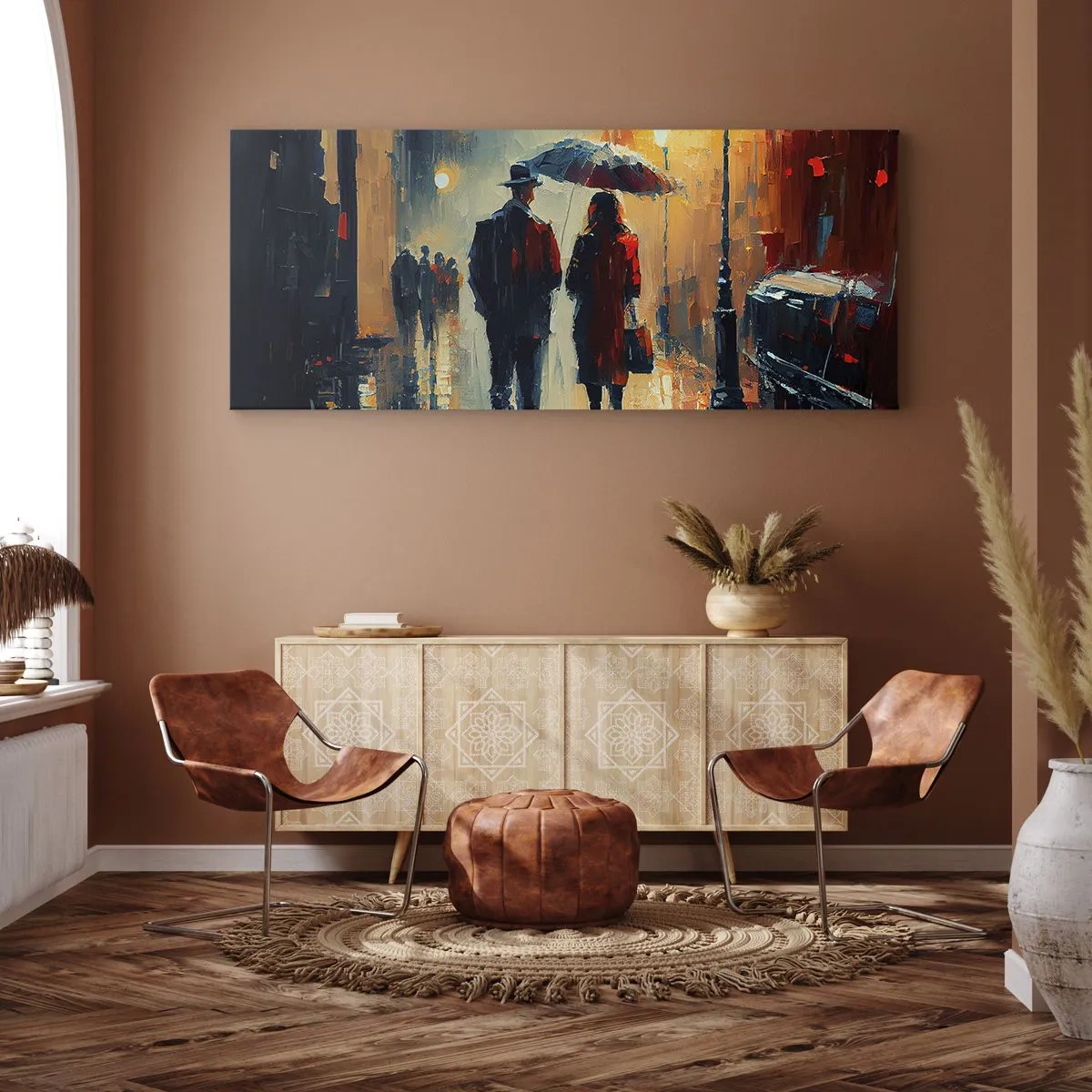 Impression sur toile - Image sur toile - Marcher sous la pluie sous un parapluie en ville la nuit - 140x50cm - Histoire d'amour urbaine - Décoration murale moderne pour le salon et la chambre ARTTOR