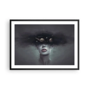 Affiche dans un cadre noir - Poster - Un visage de femme avec un motif de planète et d'espace en arrière-plan - 70x50cm - Et les planètes deviennent folles... - Décoration murale moderne pour le salon et la chambre ARTTOR