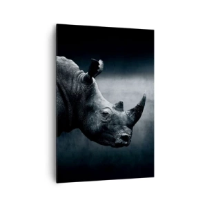 Impression sur toile - Image sur toile - Portrait noir et blanc d'un rhinocéros sur fond sombre - 70x100cm - Le profil droit - Décoration murale moderne pour le salon et la chambre ARTTOR
