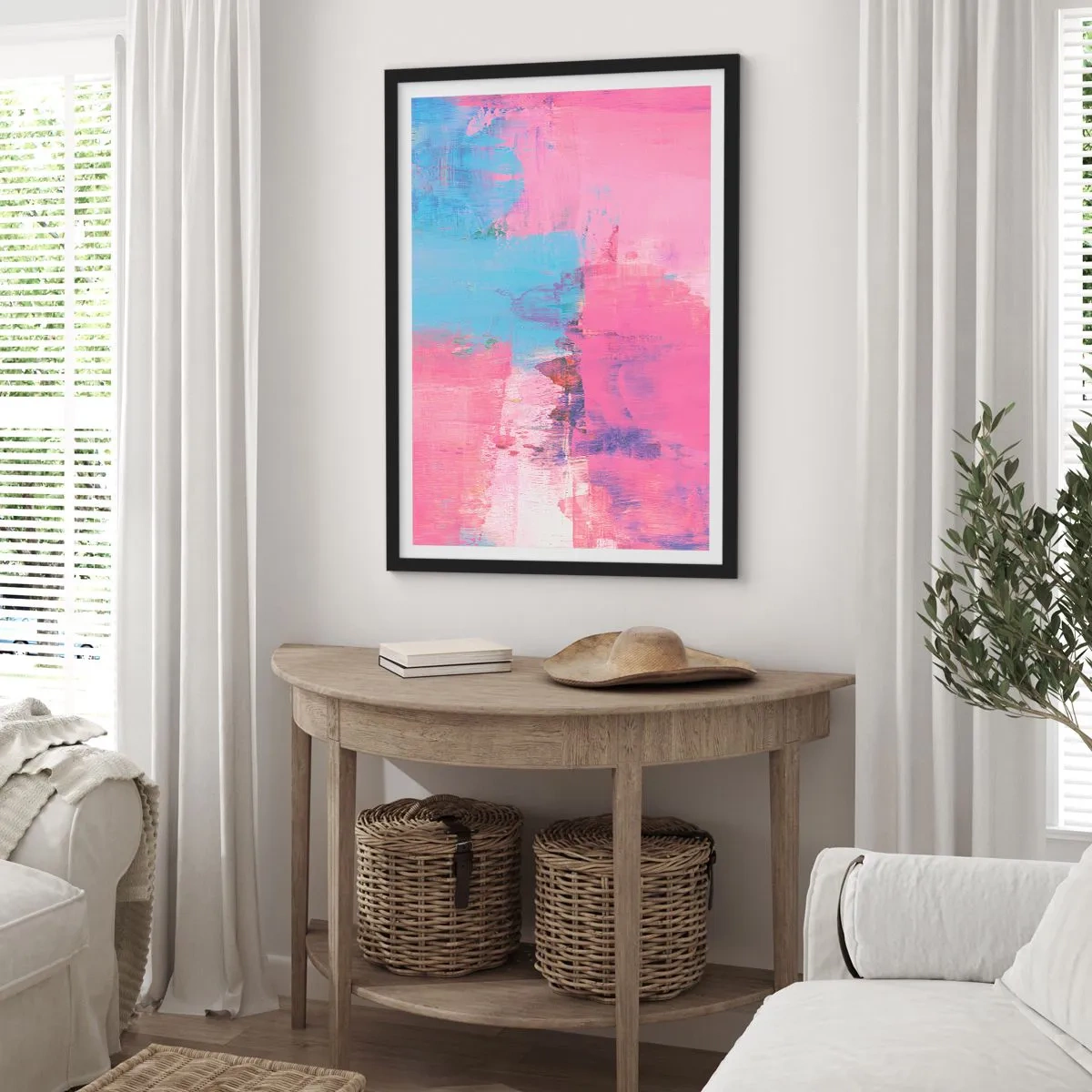 Affiche dans un cadre noir - Poster - Composition abstraite dans les tons de rose et de bleu - 50x70cm - Du rose, du bleu et une pincée de lumière - Décoration murale moderne pour le salon et la chambre ARTTOR