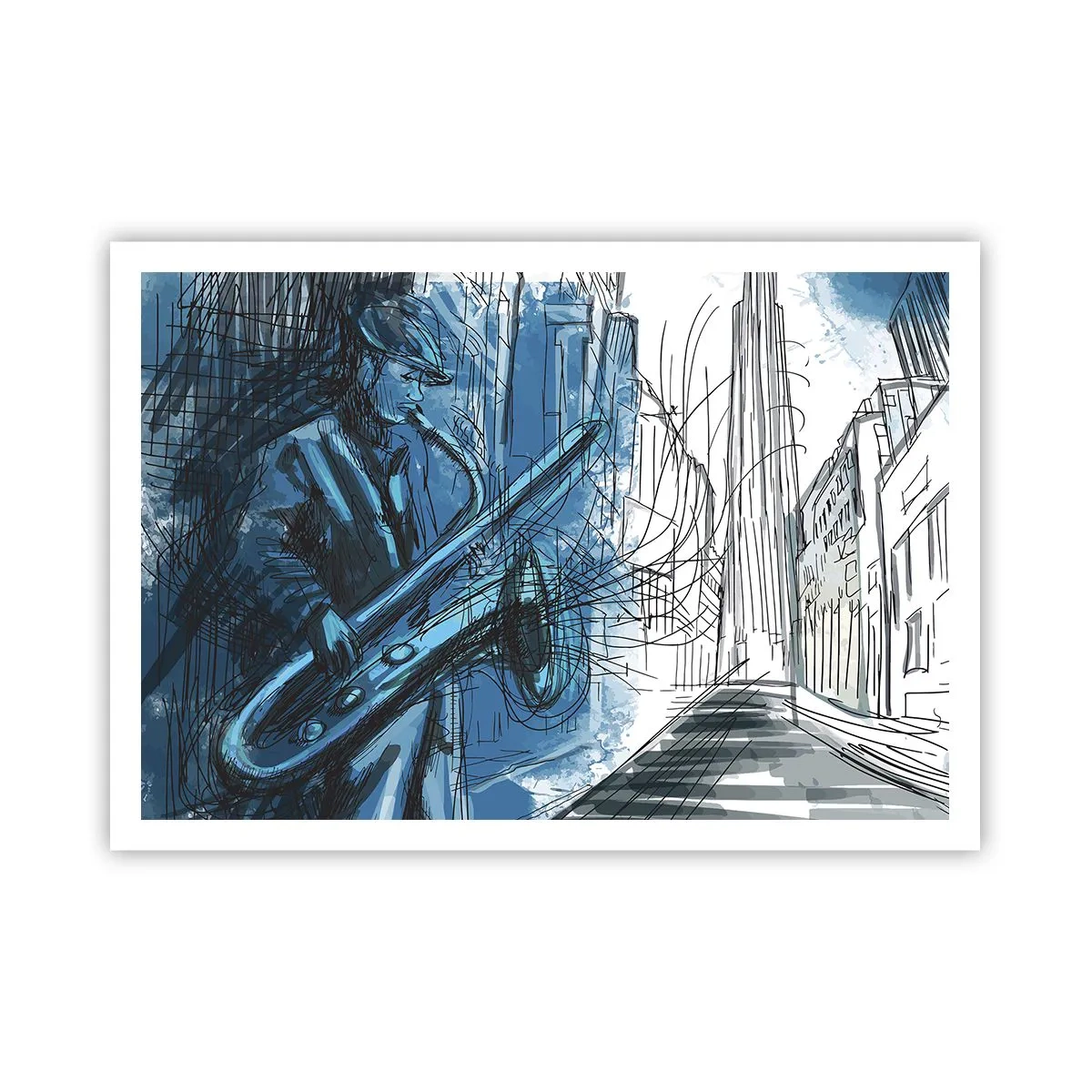 Affiche - Poster - Une silhouette jouant du saxophone sur fond de ville - 100x70cm - Rhapsodie urbaine - Décoration murale moderne pour le salon et la chambre ARTTOR