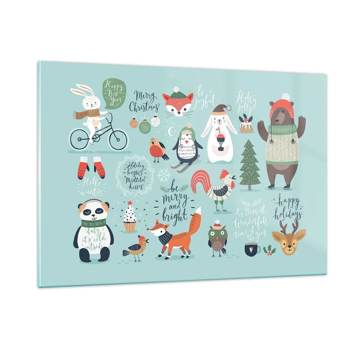 Impression sur verre - Image sur verre - Illustrations d'animaux de Noël sur fond pastel - 120x80cm - Que ce soit toujours Noël ! - Décoration murale moderne pour le salon et la chambre ARTTOR