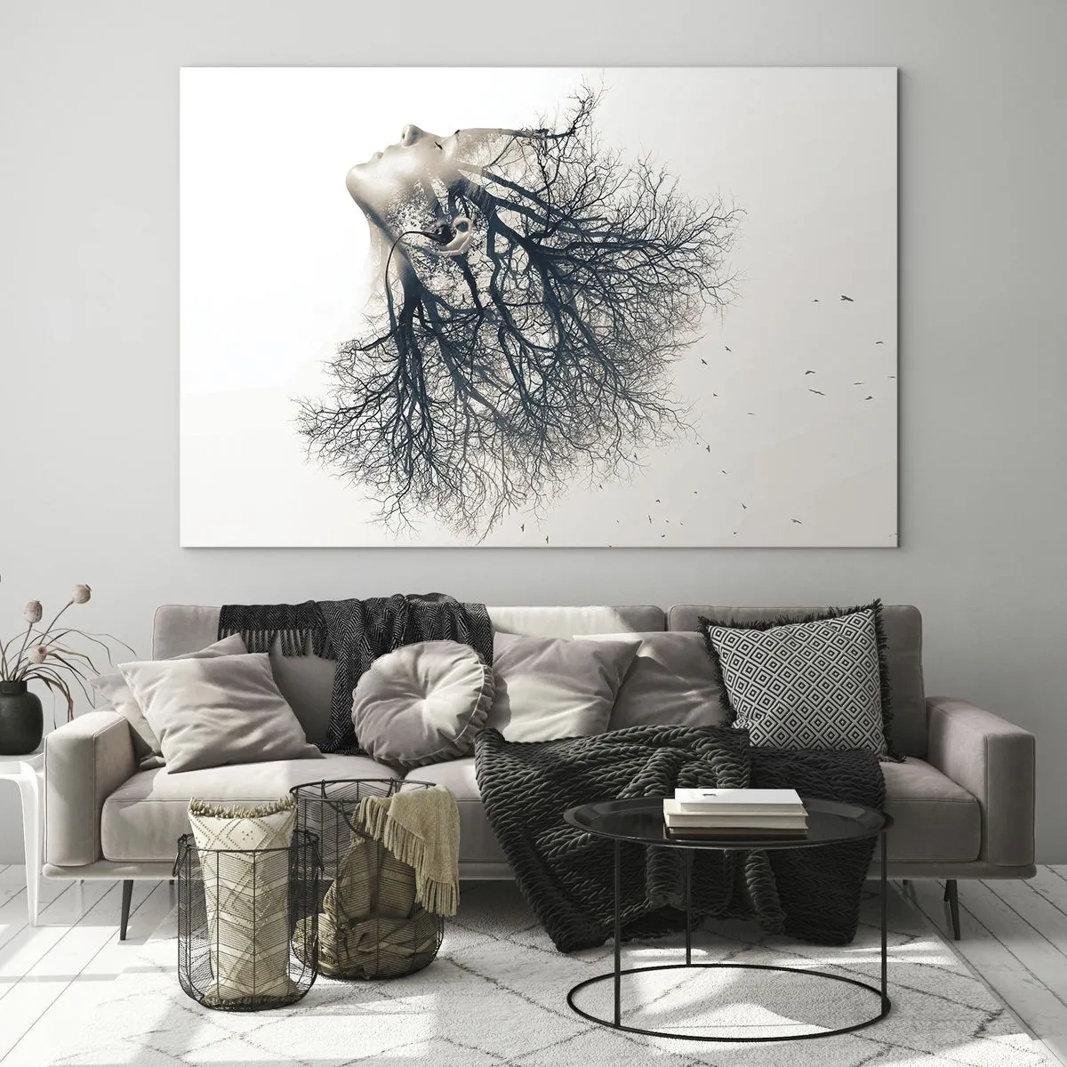 Impression sur verre - Image sur verre - Silhouette d'une femme avec des branches en guise de cheveux - 70x50cm - Écouter le murmure des arbres - Décoration murale moderne pour le salon et la chambre ARTTOR