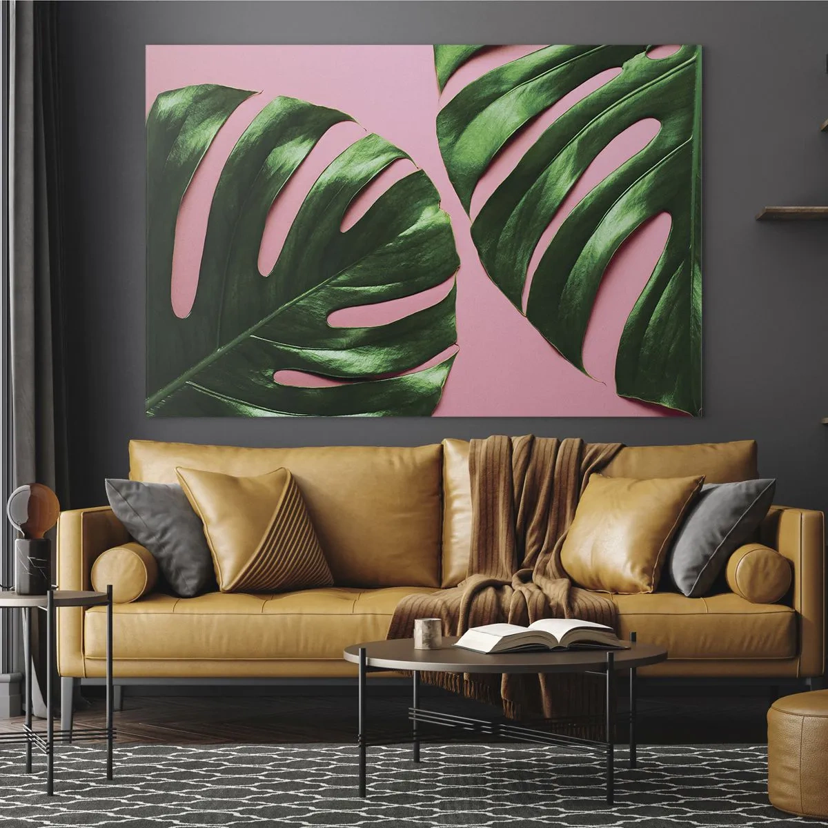 Impression sur verre - Image sur verre - Feuilles de monstera vertes sur fond rose - 70x50cm - Rendez-vous vert - Décoration murale moderne pour le salon et la chambre ARTTOR