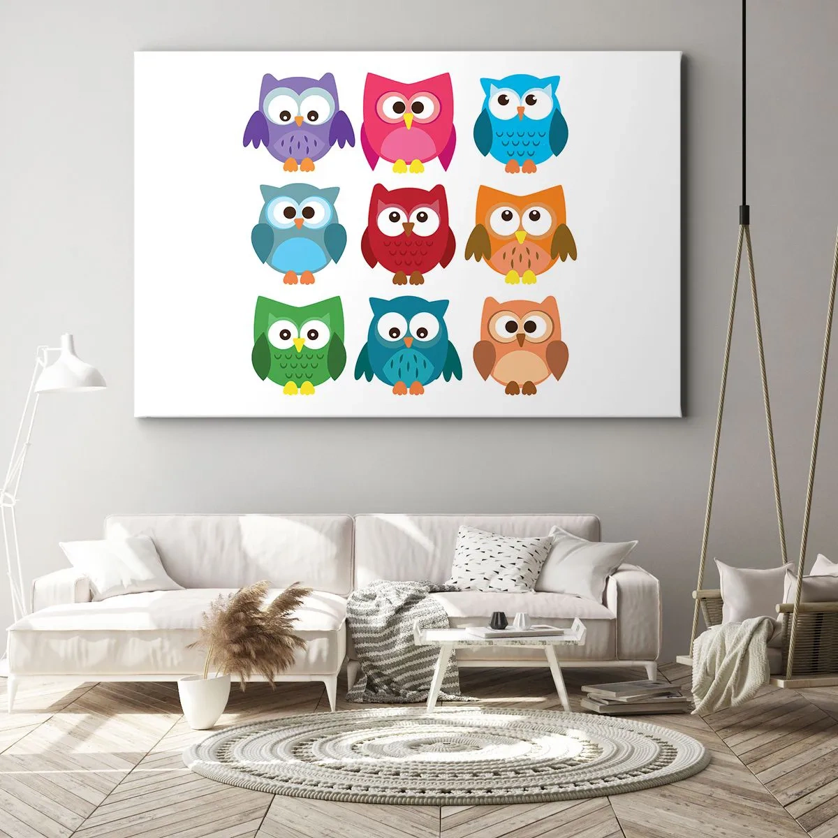 Impression sur toile - Image sur toile - Illustrations colorées de hiboux dans un style enfantin - 120x80cm - C'est amusant d'être différent - Décoration murale moderne pour le salon et la chambre ARTTOR