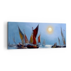 Impression sur toile - Image sur toile - Bateaux à voiles sur une eau calme au coucher du soleil - 120x50cm - Pêche de nuit - Décoration murale moderne pour le salon et la chambre ARTTOR