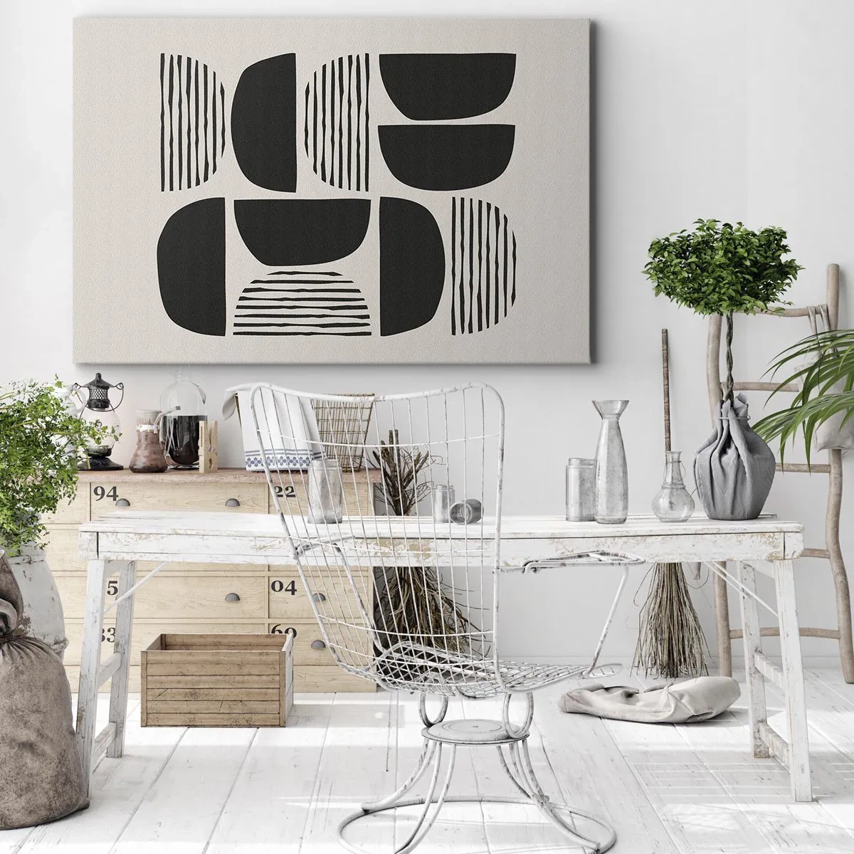 Impression sur toile - Image sur toile - Géométrie avec demi-cercles et lignes en noir sur fond clair - 120x80cm - Offres sans enthousiasme - Décoration murale moderne pour le salon et la chambre ARTTOR