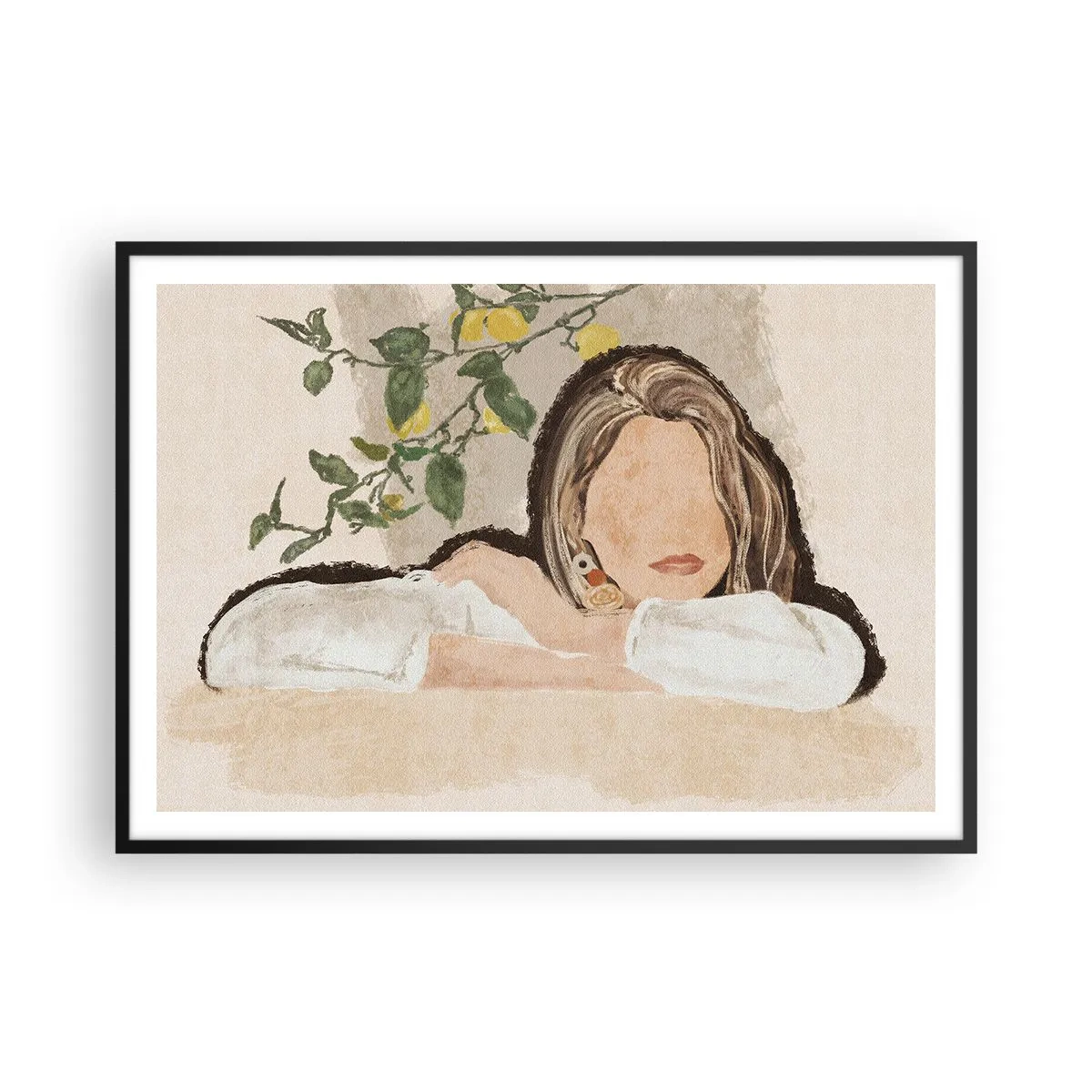 Affiche dans un cadre noir - Poster - La figure d'une femme sur fond de citronnier - 100x70cm - La beauté du sud - Décoration murale moderne pour le salon et la chambre ARTTOR
