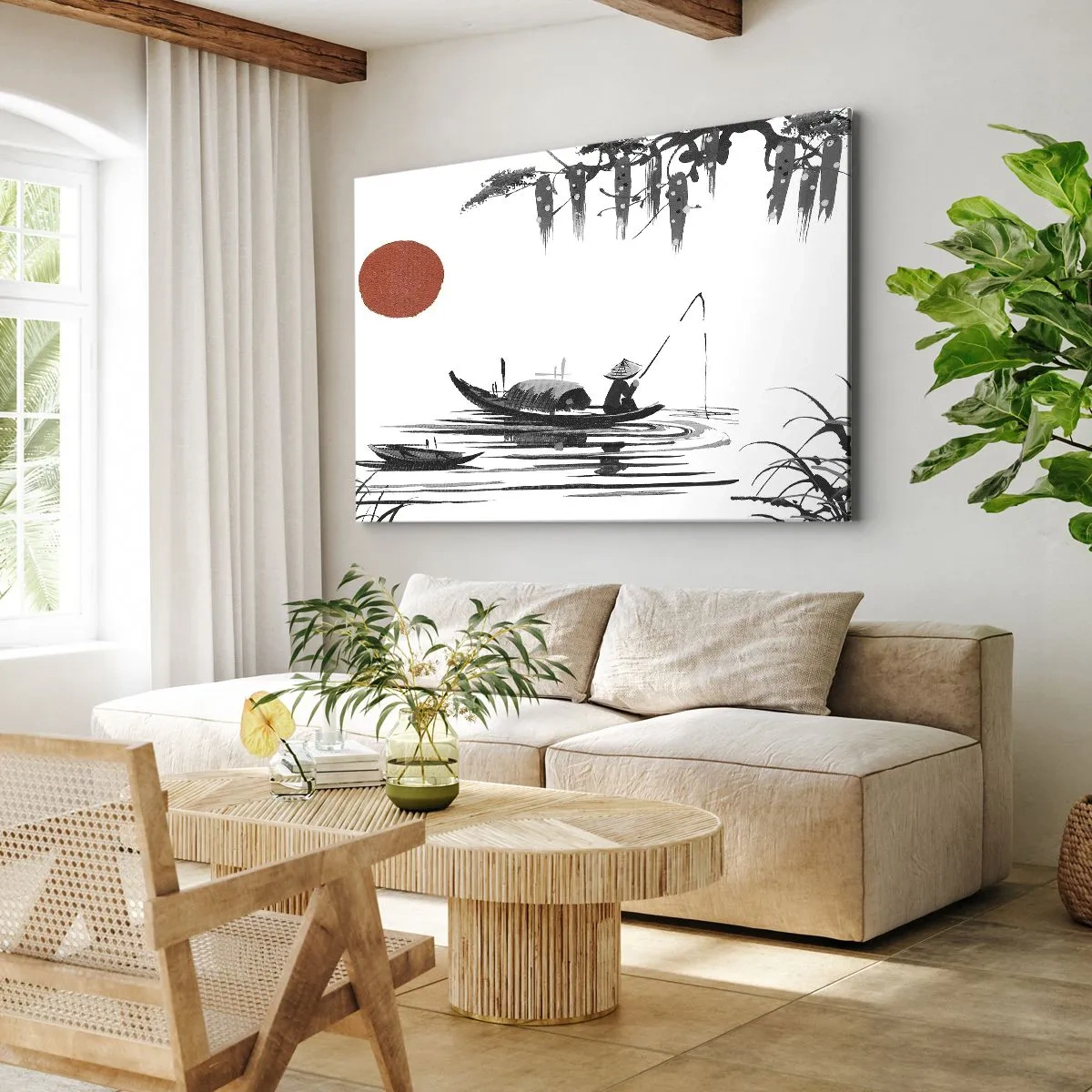 Impression sur toile - Image sur toile - Paysage oriental avec un pêcheur sur un bateau et un soleil rouge - 70x50cm - Après-midi asiatique - Décoration murale moderne pour le salon et la chambre ARTTOR