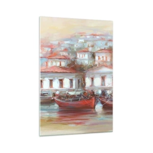 Impression sur verre - Image sur verre - Bateaux colorés et bâtiments pittoresques au bord de l'eau dans des tons pastel - 70x100cm - Petite ville heureuse - Décoration murale moderne pour le salon et la chambre ARTTOR