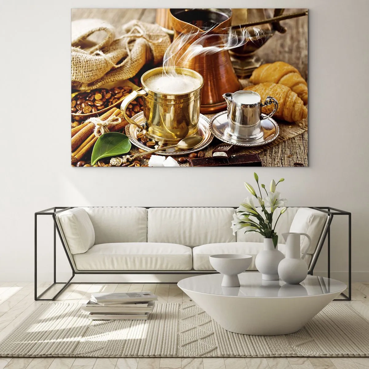 Impression sur verre - Image sur verre - Une tasse de café dorée avec du lait entourée de céréales et de croissants - 100x70cm - Bonne journée! - Décoration murale moderne pour le salon et la chambre ARTTOR