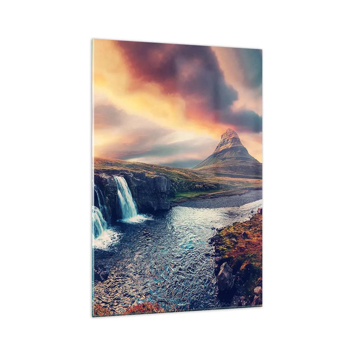 Impression sur verre - Image sur verre - Vue de la cascade et de la montagne à la lumière du soleil couchant - 70x100cm - Dans la majesté de la nature - Décoration murale moderne pour le salon et la chambre ARTTOR