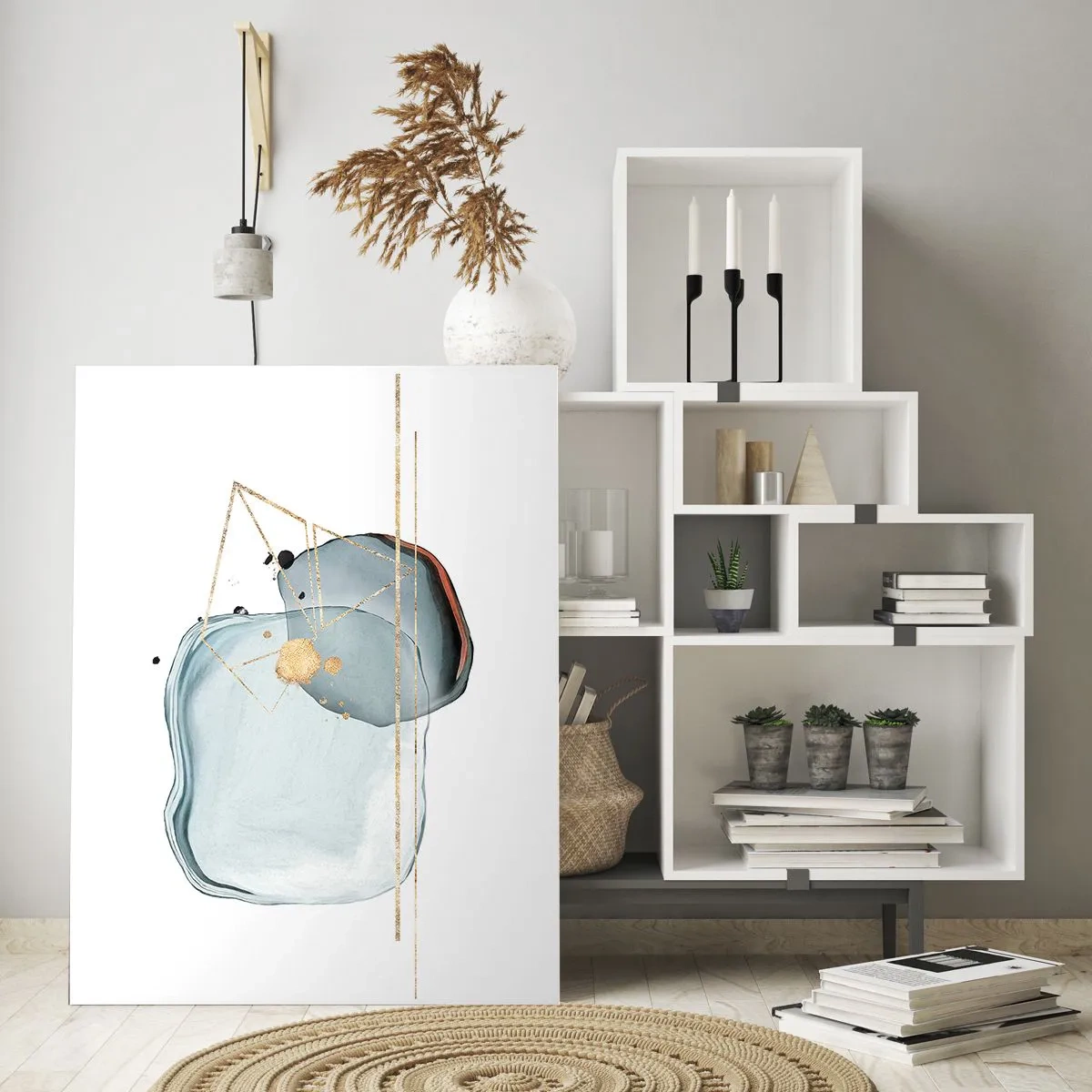 Impression sur verre - Image sur verre - Formes abstraites dans des tons de bleu et d'or sur fond blanc - 70x100cm - Etude des gouttes - Décoration murale moderne pour le salon et la chambre ARTTOR