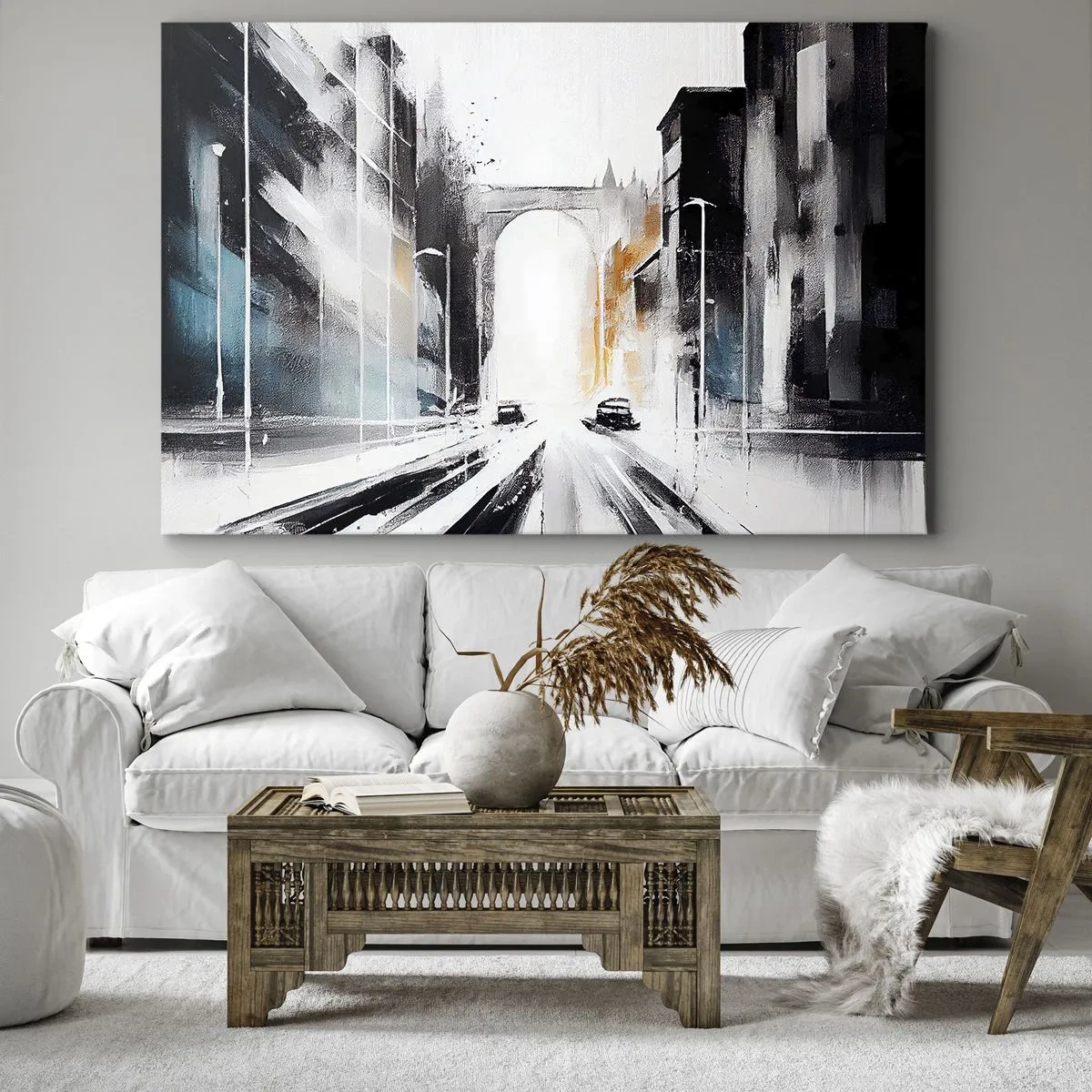 Impression sur toile - Image sur toile - Panorama abstrait de la ville avec un pont en arc - 70x50cm - Étude de ville : architecture et mouvement - Décoration murale moderne pour le salon et la chambre ARTTOR