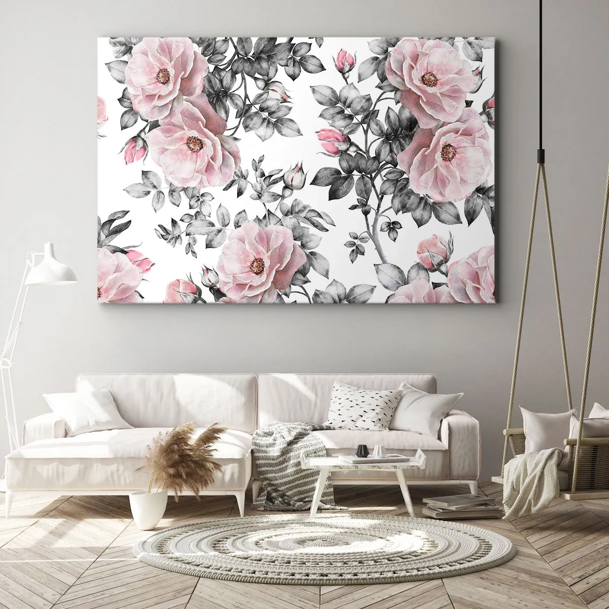 Impression sur toile - Image sur toile - Roses roses et feuilles sur un délicat fond noir et blanc - 100x70cm - Se perdre dans les fleurs des roses - Décoration murale moderne pour le salon et la chambre ARTTOR