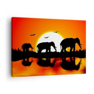 Impression sur toile - Image sur toile - Silhouettes d'éléphants au coucher du soleil sur l'eau avec reflet - 70x50cm - Et le soir pour un petit verre - Décoration murale moderne pour le salon et la chambre ARTTOR