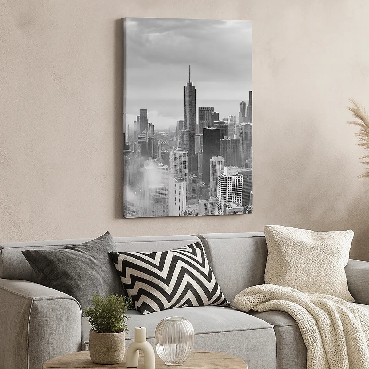 Impression sur toile - Image sur toile - Panorama de la ville avec des gratte-ciels dans les nuages en noir et blanc - 50x70cm - Paysage américain - Décoration murale moderne pour le salon et la chambre ARTTOR