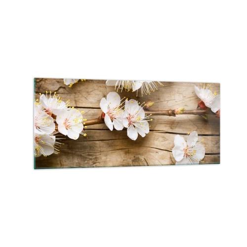Impression sur verre - Image sur verre - Branches de cerisiers en fleurs sur fond de planche de bois - 120x50cm - Et c'est devenu le printemps - Décoration murale moderne pour le salon et la chambre ARTTOR