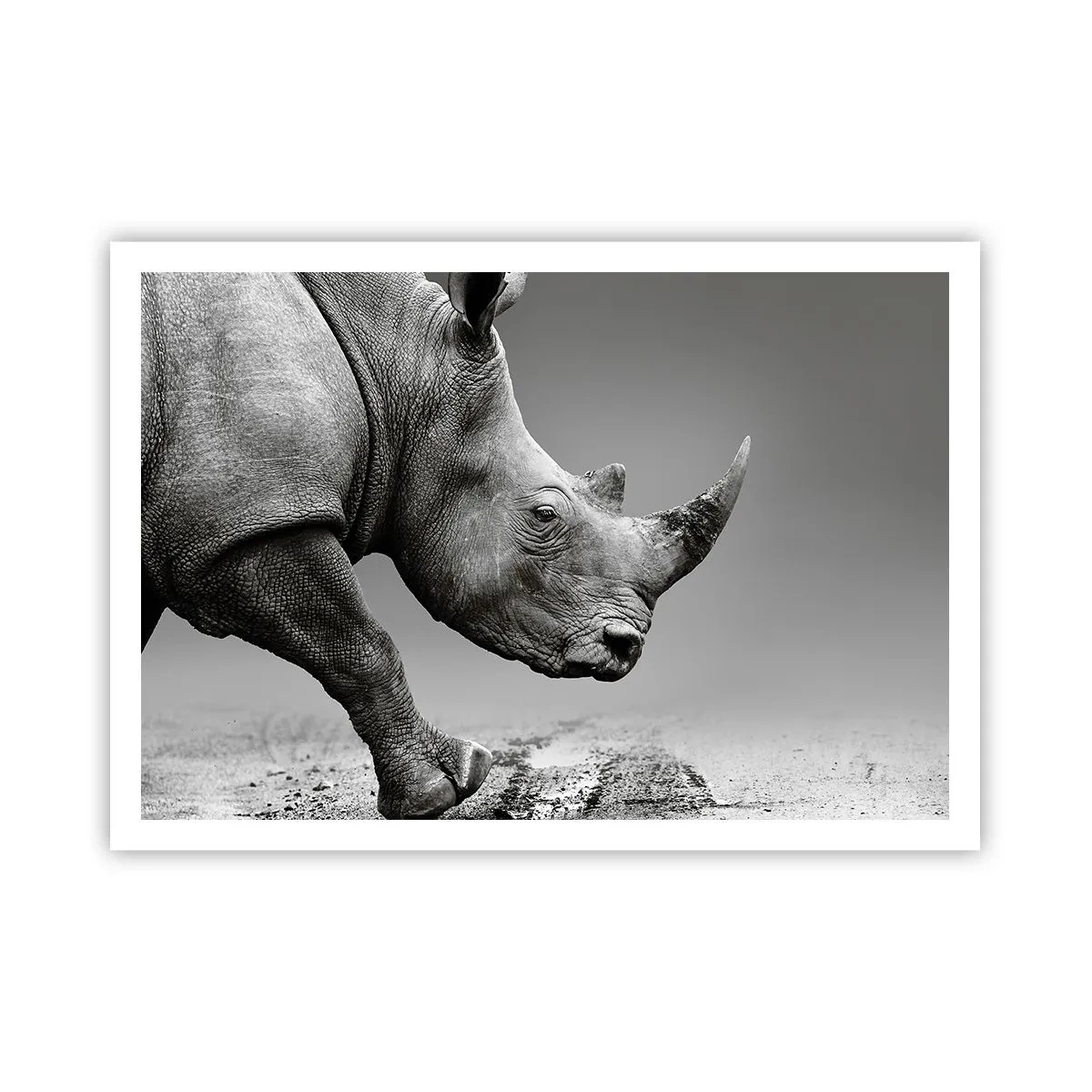 Affiche - Poster - Portrait d'un rhinocéros sur fond de désert gris - 100x70cm - Force inarrêtable - Décoration murale moderne pour le salon et la chambre ARTTOR