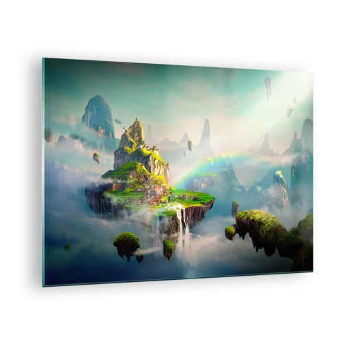 Impression sur verre - Image sur verre - Îles volantes dans les nuages avec arcs-en-ciel et cascades - 70x50cm - Au milieu des cieux - îles du bonheur - Décoration murale moderne pour le salon et la chambre ARTTOR