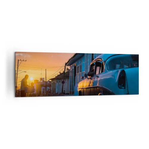 Impression sur toile - Image sur toile - Voiture et vélo rétro dans la rue à la lumière du soleil couchant - 160x50cm - Ici, le temps ralentit - Décoration murale moderne pour le salon et la chambre ARTTOR