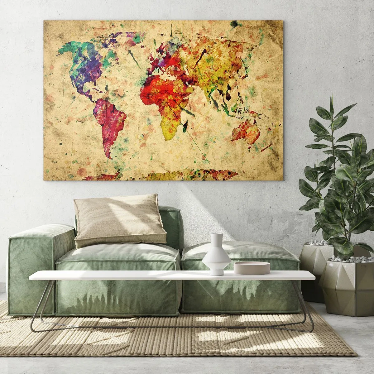 Impression sur verre - Image sur verre - Carte du monde colorée sur un fond texturé et vintage - 70x50cm - La vie comme du papier carte coloré - Décoration murale moderne pour le salon et la chambre ARTTOR