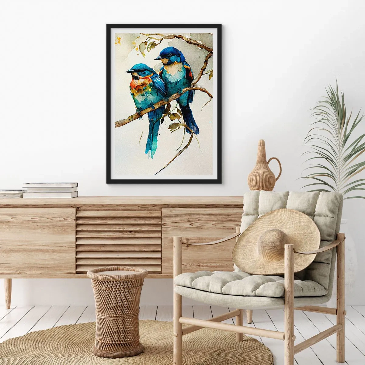 Affiche dans un cadre noir - Poster - Oiseaux à l'aquarelle sur une branche dans les tons de bleu et de marron - 50x70cm - A-t-il été offensé ? - Décoration murale moderne pour le salon et la chambre ARTTOR