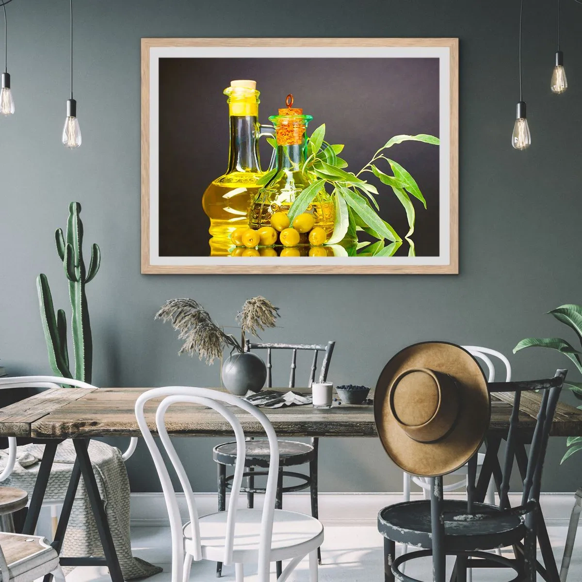 Affiche dans un chêne clair - Poster - Nature morte aux olives et à l'huile d'olive - 40x30 cm