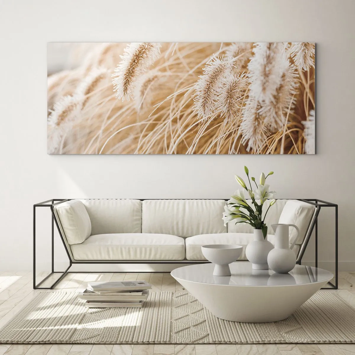 Impression sur verre - Image sur verre - Gros plan d'herbes dorées et délicates au soleil - 120x50cm - Le bruissement doré de l'herbe - Décoration murale moderne pour le salon et la chambre ARTTOR