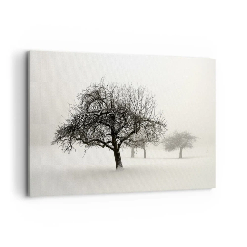 Impression sur toile - Image sur toile - Arbres dans un champ enneigé entouré de brouillard - 100x70cm - Un rêve hivernal - Décoration murale moderne pour le salon et la chambre ARTTOR