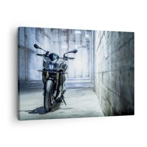 Impression sur toile - Image sur toile - Une moto moderne dans un intérieur industriel - 70x50cm - Avant que le moteur ne rugisse - Décoration murale moderne pour le salon et la chambre ARTTOR