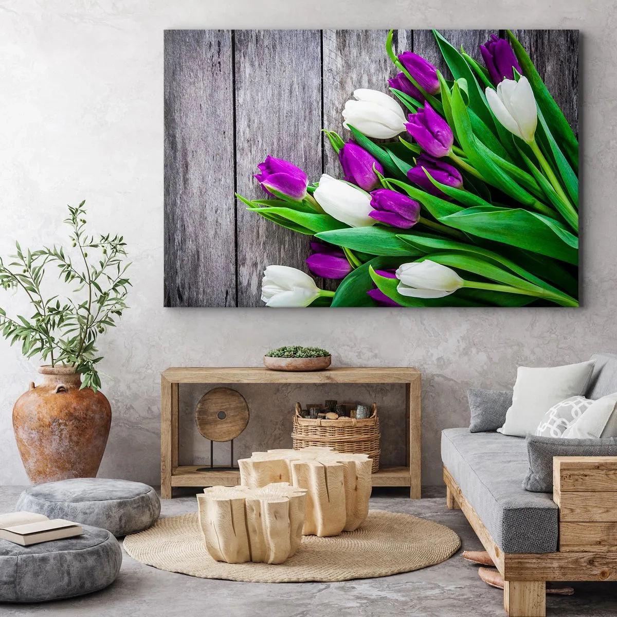 Impression sur toile - Image sur toile - Un bouquet de tulipes violettes et blanches sur un fond en bois - 120x80cm - Le jour des vacances de printemps - Décoration murale moderne pour le salon et la chambre ARTTOR
