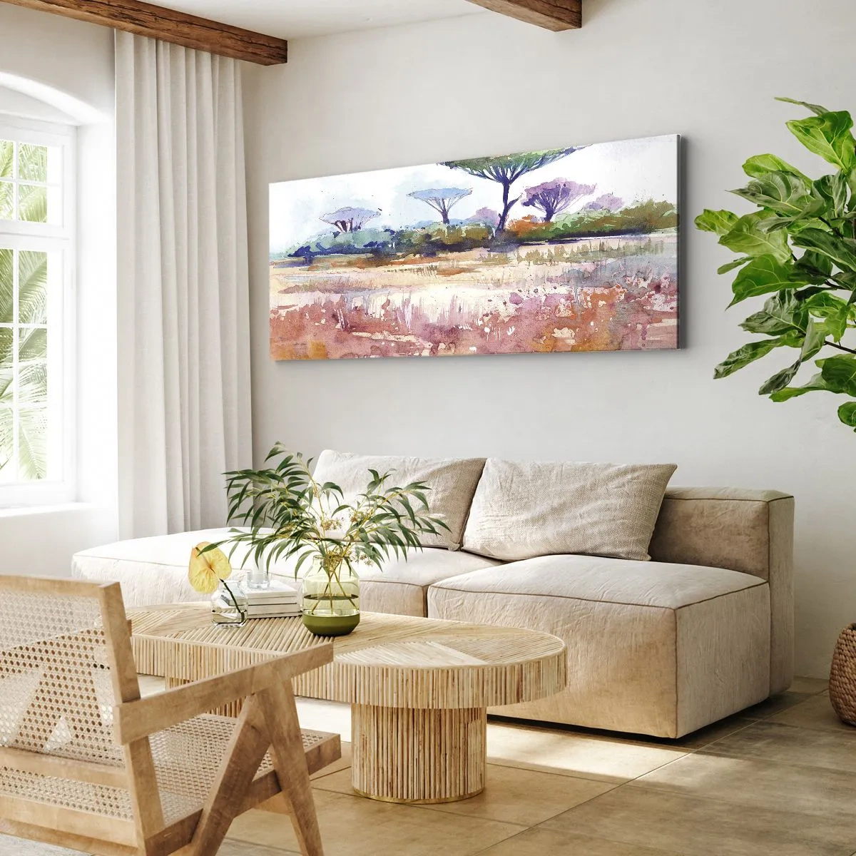 Impression sur toile - Image sur toile - Un paysage de savane pittoresque aux couleurs aquarelles - 160x50cm - Couleurs de savane - Décoration murale moderne pour le salon et la chambre ARTTOR