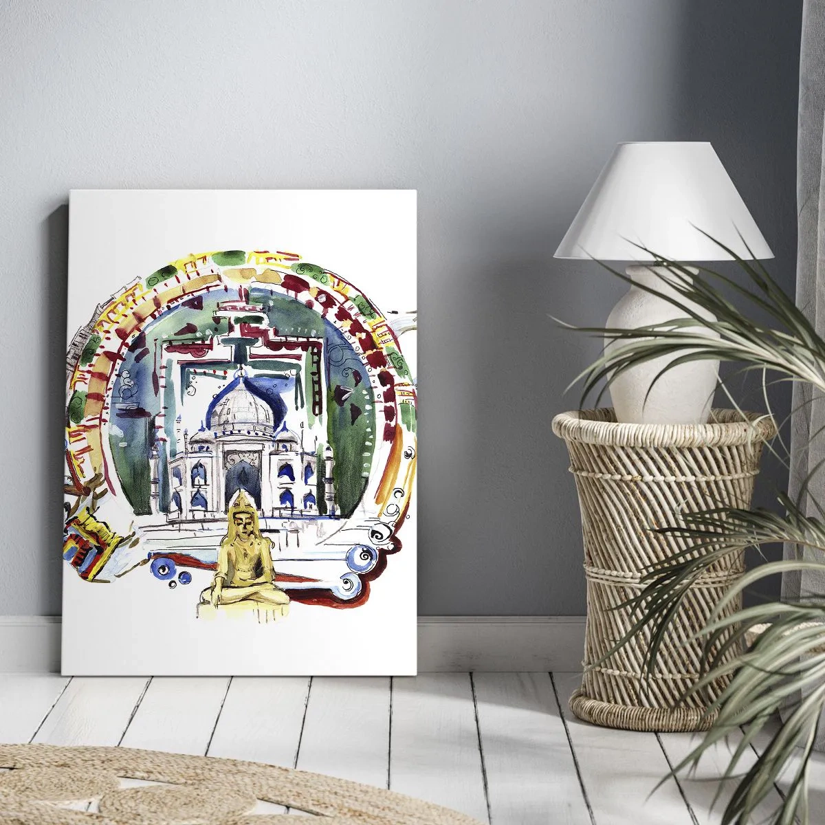 Impression sur toile - Image sur toile - Une illustration colorée de l'architecture indienne - 80x120cm - Équilibre mondial hindou - Décoration murale moderne pour le salon et la chambre ARTTOR