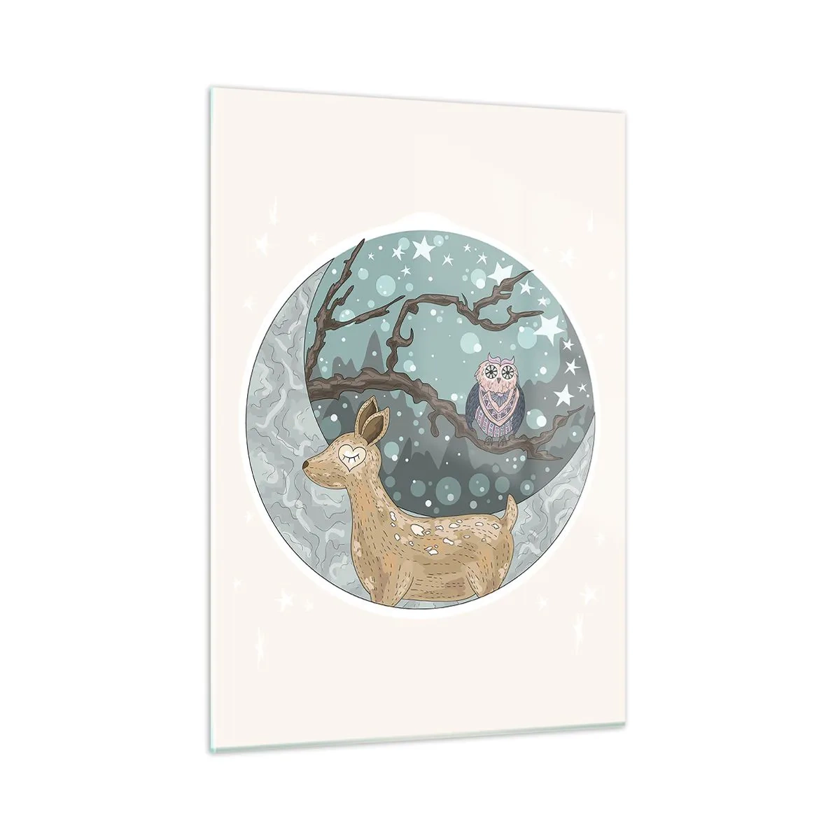 Impression sur verre - Image sur verre - Illustration d'un cerf et d'un hibou dans un décor magique - 50x70cm - Une nuit de conte de fées en forêt - Décoration murale moderne pour le salon et la chambre ARTTOR