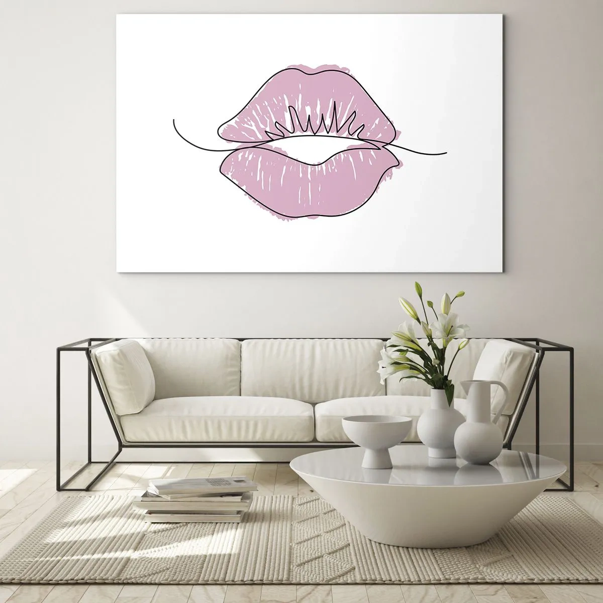 Impression sur verre - Image sur verre - Image abstraite de lèvres dans des tons de rose et de noir - 70x50cm - Prêt à l'embrassade? - Décoration murale moderne pour le salon et la chambre ARTTOR