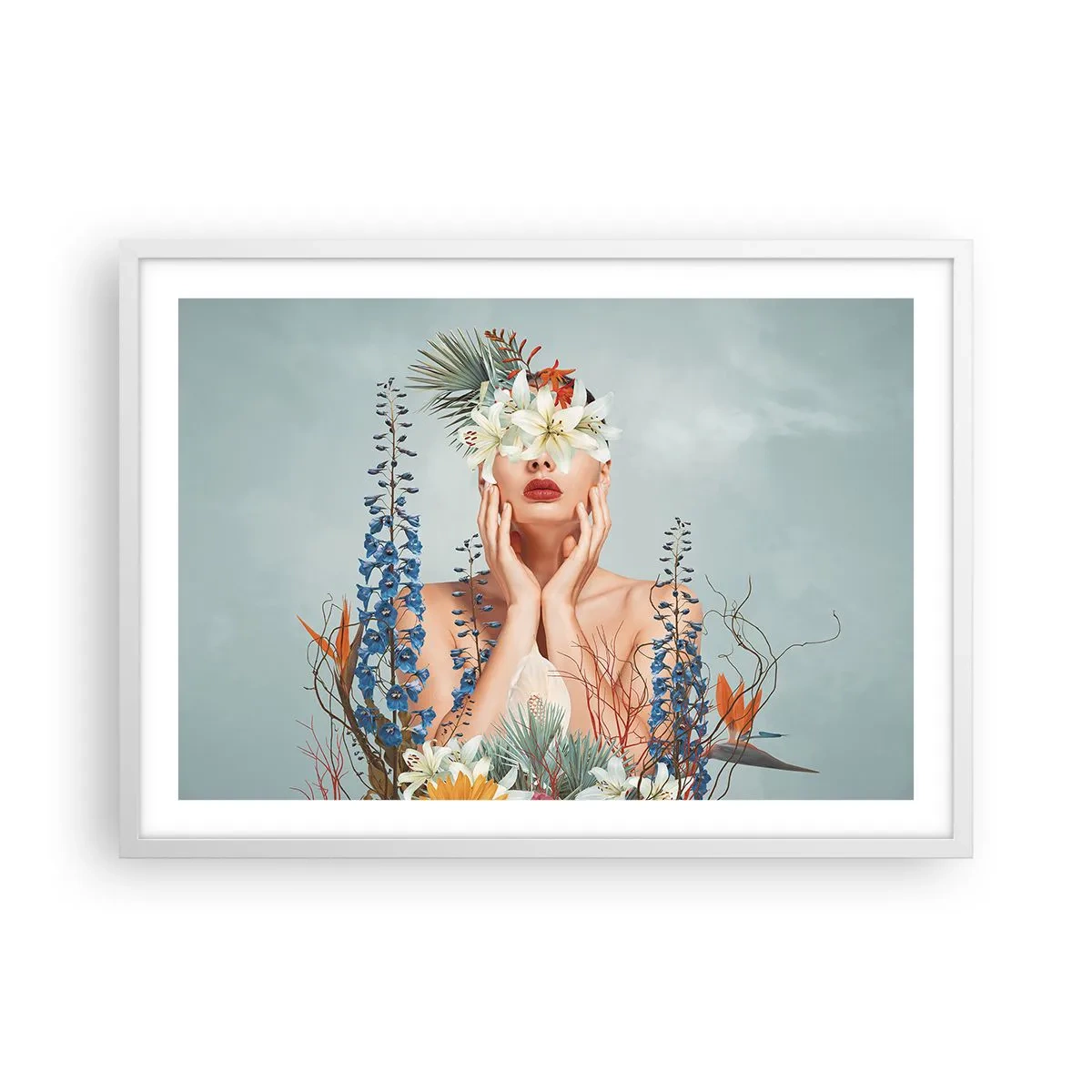 Affiche dans un cadre blanc - Poster - Femme - fleur - 70x50 cm