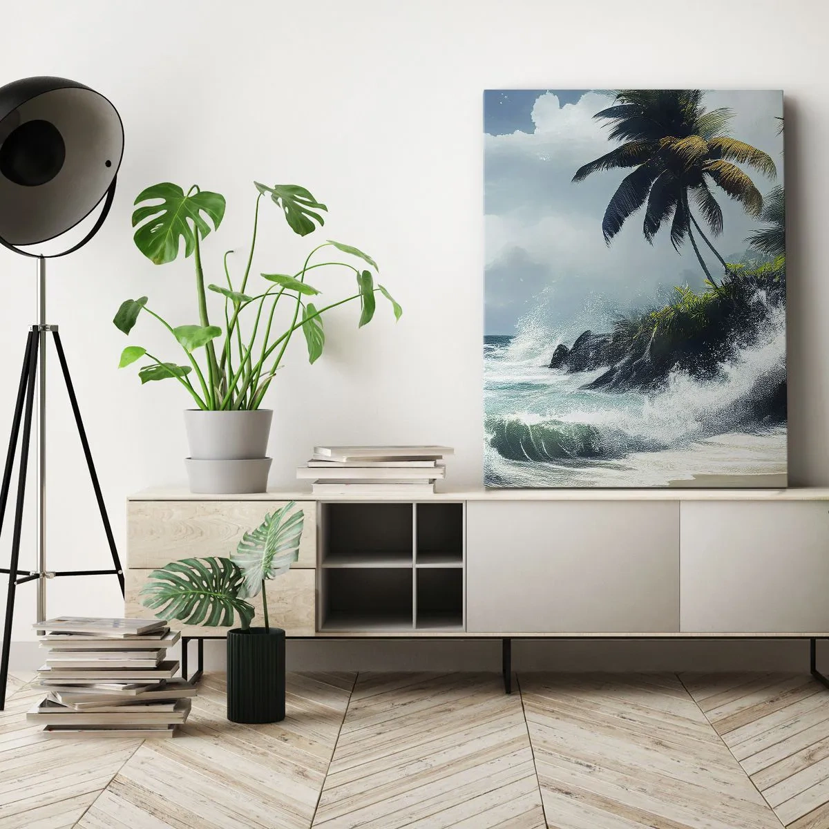 Impression sur toile - Image sur toile - Rivage tropical avec palmiers et mer agitée - 80x120cm - Sur une côte tropicale - Décoration murale moderne pour le salon et la chambre ARTTOR