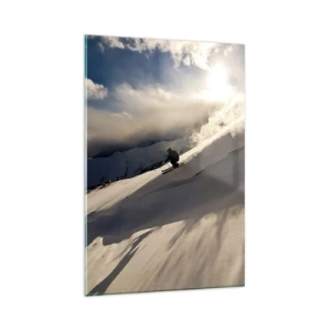 Impression sur verre - Image sur verre - Un skieur sur une piste entourée de montagnes et de neige - 80x120cm - Défi montagne accepté - Décoration murale moderne pour le salon et la chambre ARTTOR