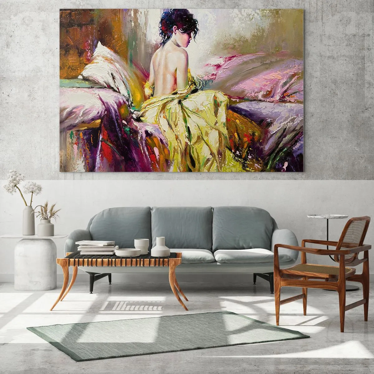 Impression sur verre - Image sur verre - Une femme en robe jaune assise sur un lit dans un style impressionniste. - 70x50cm - Entre les lèvres et le bord de la tasse - Décoration murale moderne pour le salon et la chambre ARTTOR