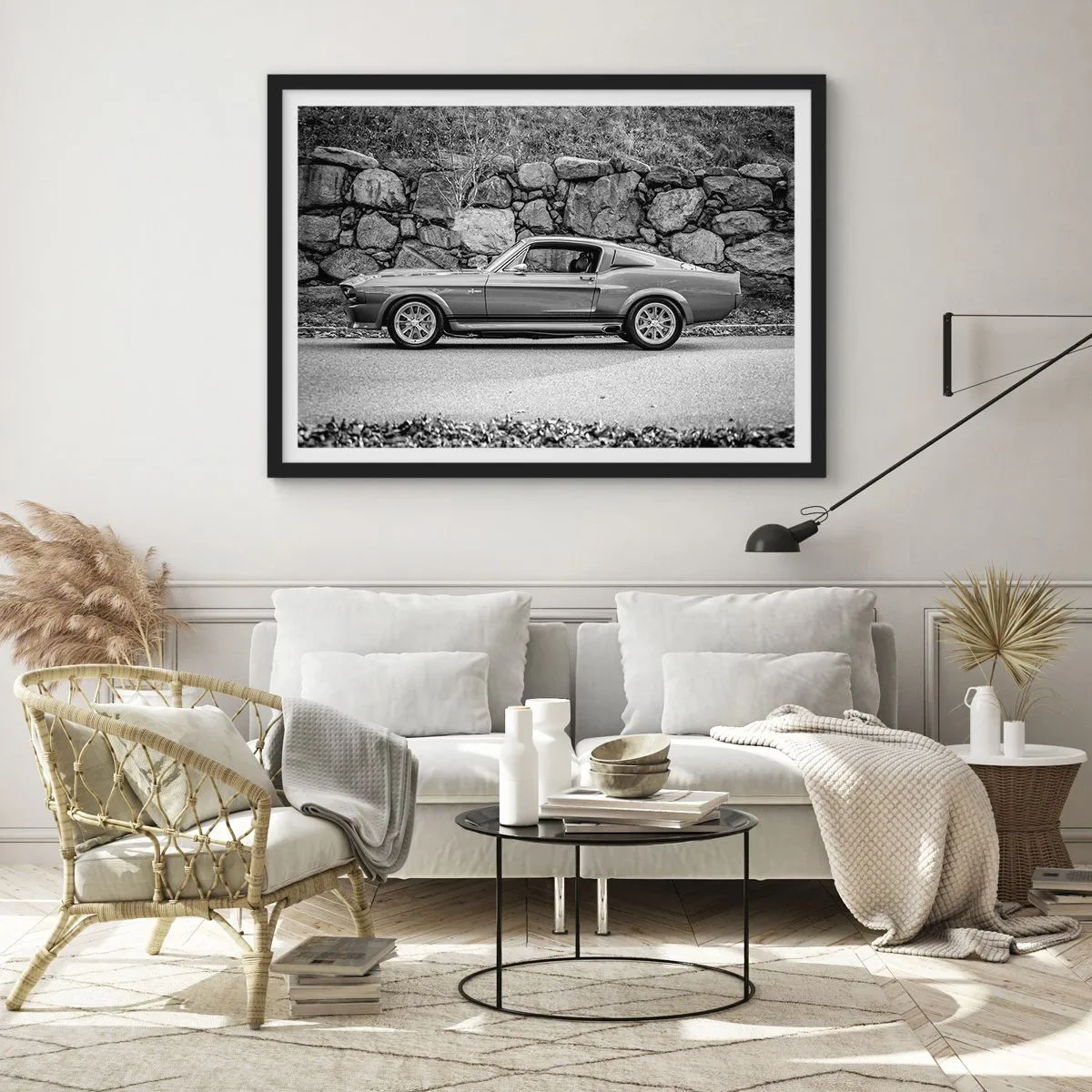Affiche dans un cadre noir - Poster - Photo en noir et blanc d'une voiture classique - 100x70cm - Légende des années 60 - Décoration murale moderne pour le salon et la chambre ARTTOR