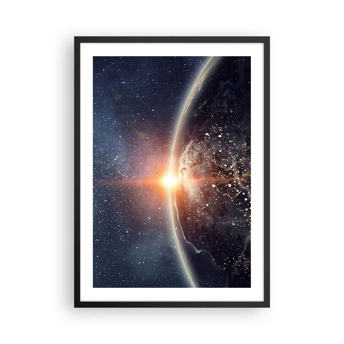 Affiche dans un cadre noir - Poster - La Terre vue de l'espace illuminée par le soleil levant - 50x70cm - Dans une nouvelle perspective - Décoration murale moderne pour le salon et la chambre ARTTOR